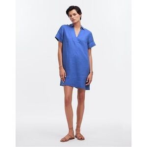 Madewell blue v neck mini dress linen shirt dress size SM new